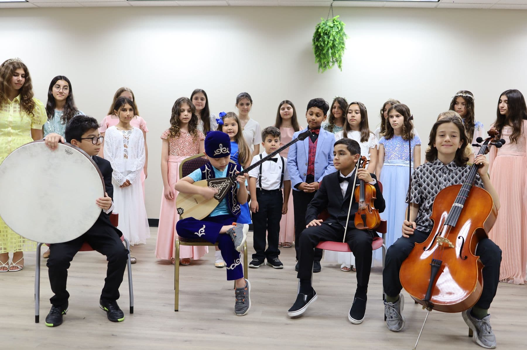 Young instrumentalists rehearse with the choir behind them